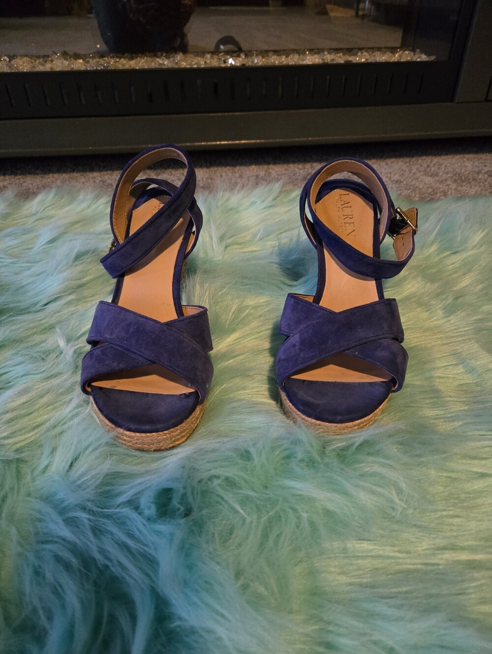 Ralph Lauren Blue Suede Crisscross Ankle Strap Espadrille Sandals